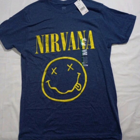 NIRVANA Other - NWT Nirvana Graphic Short Sleeve L Denim Heather Yellow Smiley Face Band T-Shirt